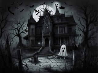 Fototapeta premium A spooky, haunted house at night, surrounded by dark trees and a ghostly figure.