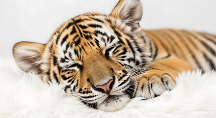 Sleeping Tiger Cub on White Furry Surface.