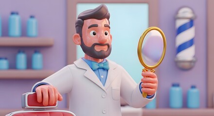 Cartoon Barber Looking at Mirror in Barbershop