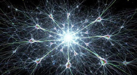 A bright star-like core radiates numerous branching filaments connecting to iridescent cell-like structures across a dark intricate network