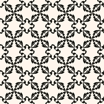 Simple minimalist floral pattern. Minimal seamless texture with small flower shapes. Abstract black and white geometric background. For print, package