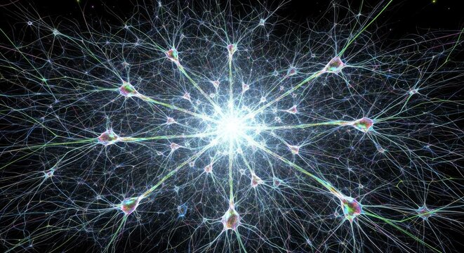 A bright star-like core radiates numerous branching filaments connecting to iridescent cell-like structures across a dark intricate network