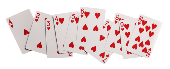 Playing cards for poker and gambling, series of hearts isolated on white background, clipping path