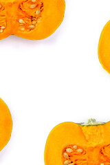 Butternut squash half with seeds on white background with space for text. Top view, flat lay