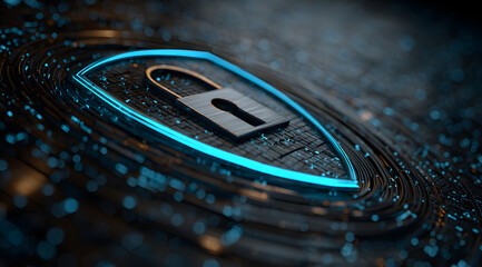 A futuristic, glowing shield icon with a lock symbolin the center, representin cybersecurity and data prtection. The shield is illminated in neon blue tones with a digital matrix bacground