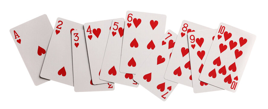 Playing cards for poker and gambling, series of hearts isolated on white background, clipping path