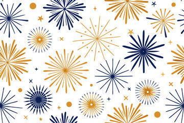 Elegant vector illustration of golden fireworks on a dark blue background. Perfect for festive designs, New Year celebrations, holiday decorations, party invitations, greeting cards, and event posters