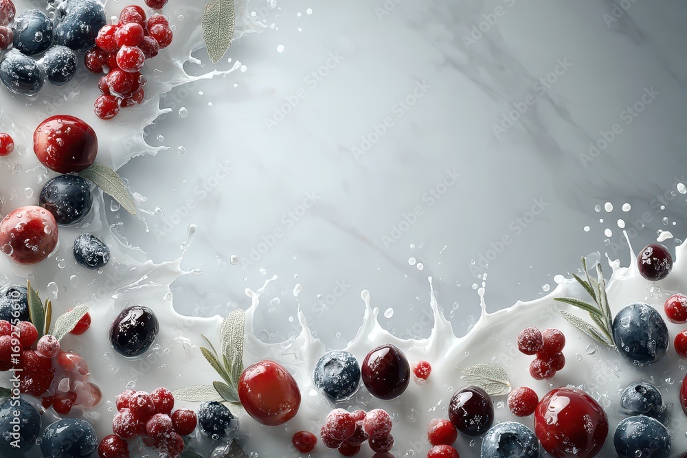 Poster a vibrant and refreshing display of mixed berries and herbs splashed with milk, creating a visually 