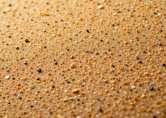 Golden beach sand with scattered colorful pebbles and shells, warm natural texture. Close-up detail showcasing coastal beauty and organic patterns for summer vacation themes.
