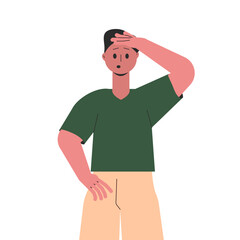 Man Character Looking Into Distance with Hand at Forehead Vector Illustration