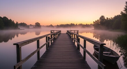 Naklejka premium Sunrise Serenity - Dock on Misty Lake at Dawn.