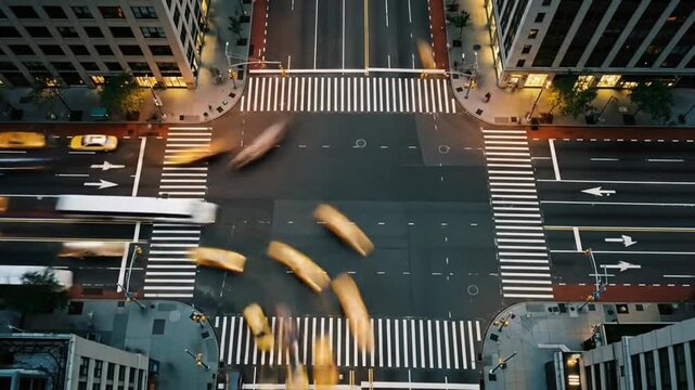 Aerial View of New York City Street with Rush Hour Traffic and Yellow Taxi Cabs