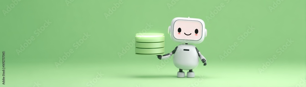 Poster a cheerful robot character holding three green stackable disks against a light green background with