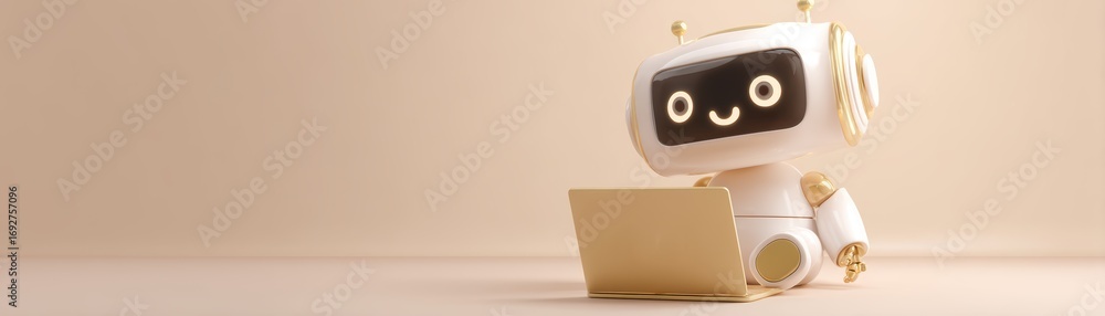 Poster a cute robot with a friendly expression sits at a laptop, set against a soft beige background with s