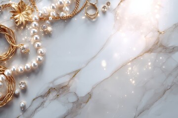 Elegant jewelry arrangement on a marble surface, featuring pearls, gold chains, and sparkling gems creating a luxurious and sophisticated aesthetic for a high-end fashion concept.
