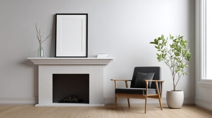 Naklejka premium Minimalist living room setup featuring a fireplace blank picture frame armchair and plant