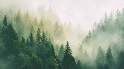 Green pine trees cover a mountain in thick fog partially obscuring the upper trees