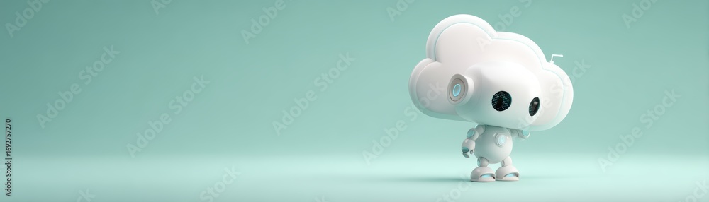 Poster a cute, futuristic robot character resembling a cloud stands against a soft teal background, embodyi