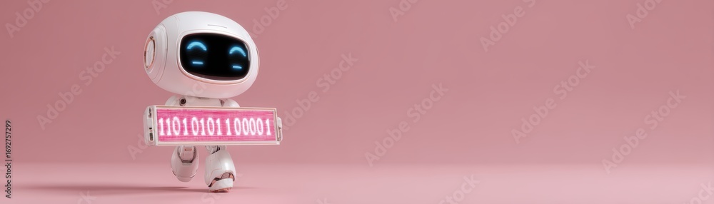 Poster a small, cheerful robot carrying a pink sign walks against a soft pink background, showcasing a play