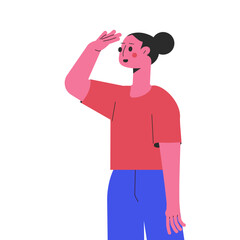 Woman Character Looking Into Distance with Hand at Forehead Vector Illustration