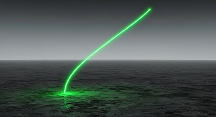 Abstract Green Light Ray Rising From Dark Surface Against Grey Sky