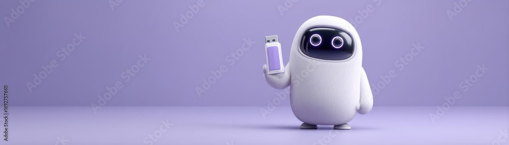 Poster a cute robot character holds a smartphone, set against a soft purple background that gives a modern,