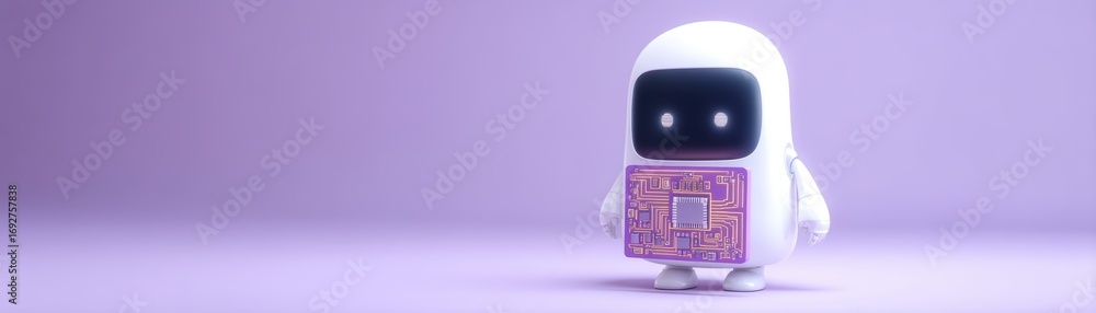 Poster a cute, stylized robot stands against a soft purple background, featuring a circuit board design on 