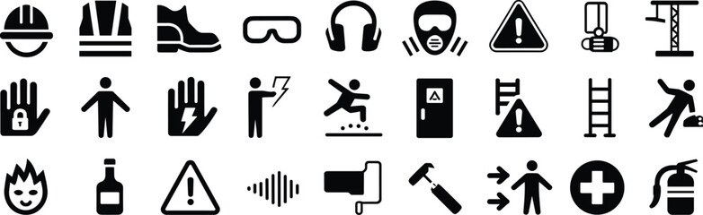 Work safety and construction icons including helmet, boots, safety vest, goggles, gloves, hazard signs, fire extinguisher, ladder, and first aid