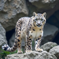 Naklejka premium Snow leopard in rocky terrain, leopard portrait