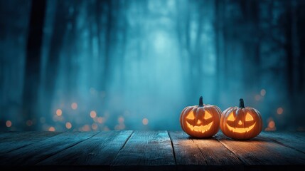 Two glowing jack-o'-lanterns sit on weathered wood in a misty, dark forest scene