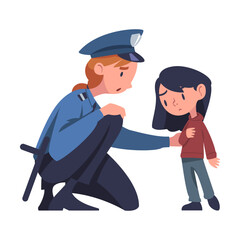 Lost Child with Woman Police Officer Vector Illustration