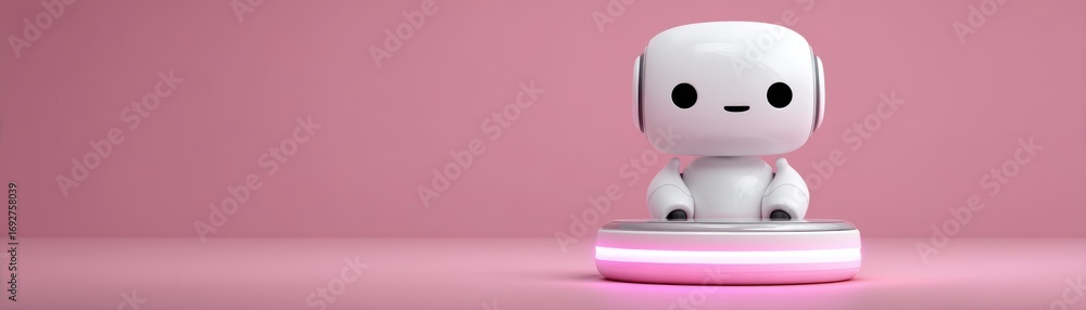 Poster a cute, white robot character with a friendly expression sits on a circular base, set against a soft