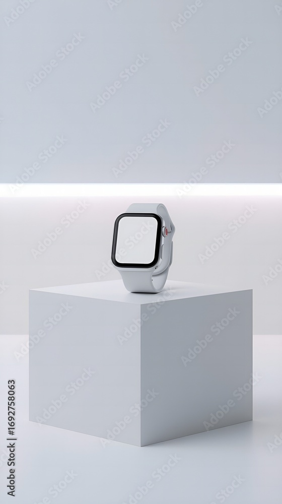 Poster modern smartwatch displaying blank screen on minimalist pedestal with soft ambient lighting