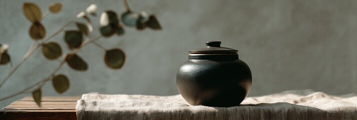 Simple black urn with matte finish placed on linen draped wooden table, sprig of eucalyptus