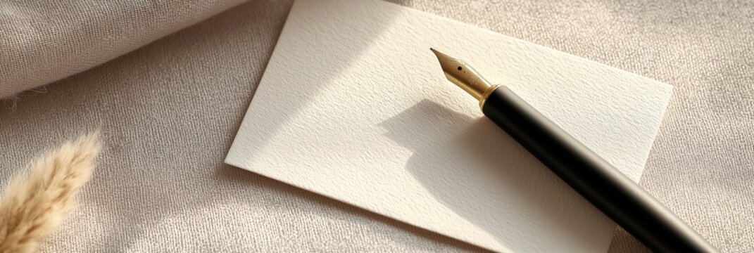 Condolence card, black fountain pen, textured off-white paper, clear shadows, funeral concept