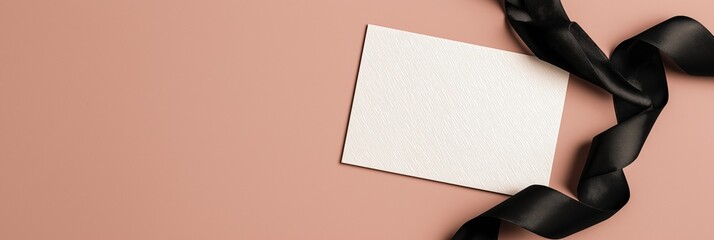 Condolence card with textured paper and black satin ribbon on dusty rose background, funeral concept, grief