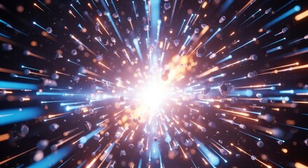 A burst of light radiates outward accompanied by numerous blue and orange glowing streaks and small dark irregular particles against a dark background
