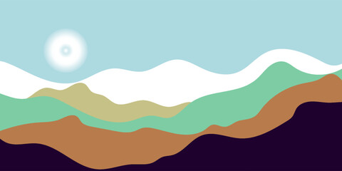 Beautiful landscape. Flat style. Long hills and mountains scenery background design. Vector illustration. Suitable for landing pages, web, wall painting and posters. © Musdalifah