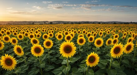 Obraz premium Sunflowers field at sunset