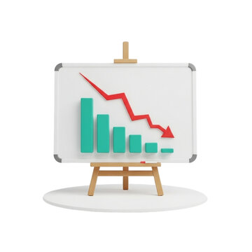 Financial downturn declining bar chart with red arrow indicating loss and decrease