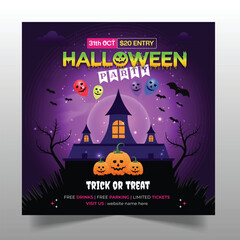 Halloween party invitation social media post design trick or treat web banner template