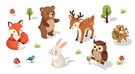Naklejka premium Vector illustration of cute isometric forest animals and elements animals woodland nature cute isometric vector