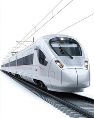 Train nose on steel path showing high speed network, advanced rail design
