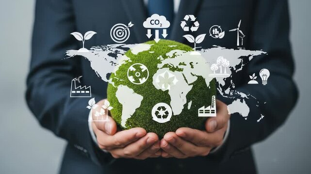 Sustainable World in Our Hands: Businessman Holding Earth Globe with Environmental Icons - Promoting Green Energy, Recycling, and CO2 Reduction