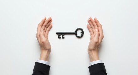 Antique Black Key with Two Hands on White Background
