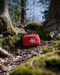 A red first aid kit rests on mossy ground surrounded by trees, highlighting outdoor safety and preparedness in a natural setting.