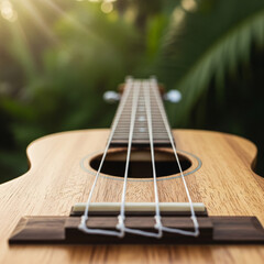 Close up of a wooden ukulele resting on a natural background during golden hour light