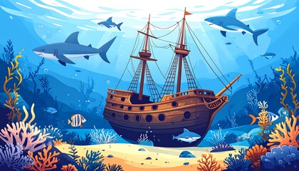 Sunken ship surrounded by marine life in underwater scene