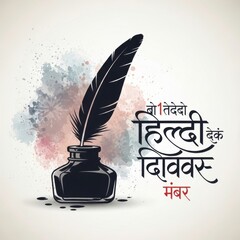 Illustration of a quill in an inkwell with a watercolor background and hindi text