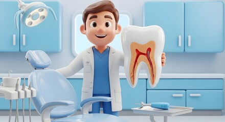 Cartoon Doctor Holding a Tooth Model in Dentist Office